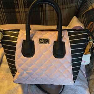 Betsey Johnson Pink and Black Striped Satchel